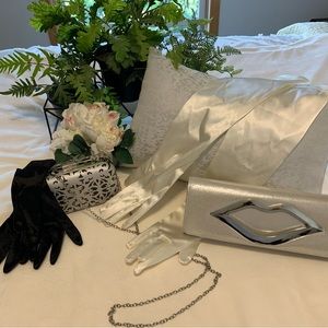 Evening bags (2), long satin gloves and wrist black satin gloves